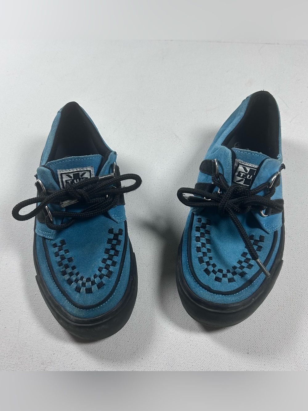 T.U.K. Teal Leather Sz M-6 W-8 Mondo Creepers Platform Lace-Up Shoes Skull Bones
